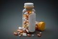 Plastic medicine bottle of pills on grey background with available space for text. Generative AI Royalty Free Stock Photo