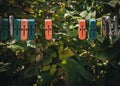 Plastic and Metal Clothespins on Clothes Line on Blurred Green Leaves Background on a Sunny Summer Day