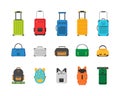 Plastic, metal suitcases, backpacks, bag. Different types of luggage. Large and small suitcase, box, handbag.