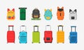 Plastic, metal suitcases, backpacks, bag. Different types of luggage. Large and small suitcase, box, handbag.