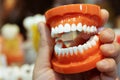 Plastic mock-ups of the jaw with teeth in the hands of a young dentist. Close-up