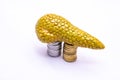 Plastic model of diseased pancreas gland on two piles of coins on white background. Medicine, treatment, transplantation and econo
