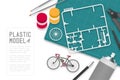 Plastic model with tool kit on cutting mat, bicycle concept design illustration