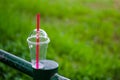 The plastic mug has a lid through use and then set aside on the lawn