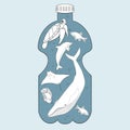 Plastic ocean pollution concept. Plastic water bottle with underwater world, ocean animals and fish floating inside. Environmental Royalty Free Stock Photo