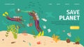 Plastic ocean pollution, save sea planet website vector illustration. Ecology garbage bottle, people underwater