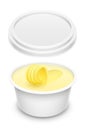 Plastic open round container with butter roll. Packaging realistic mockup 3d illustration