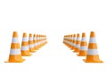 Plastic orange traffic cone lined up isolated on white background Royalty Free Stock Photo