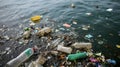 Plastic and other debris can be seen floating in the water a result of improper waste disposal by ships ping through the