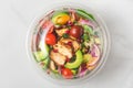 Plastic package with healthy chicken salad with avocado , tomatoes and pomegranate to take away Royalty Free Stock Photo