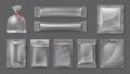 Plastic package. Realistic clear bag mockup, 3d transparent food product pack set, blank glossy foil. Vector candy snack
