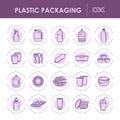 Plastic packaging containers line vector icons bottles, sprayer disposable dishware Royalty Free Stock Photo