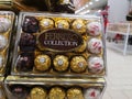 Plastic packaging of delicious Italian chocolate candy Ferrero Rocher for sale at Ashan Shopping Center on December 25, 2019 in
