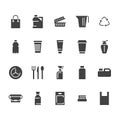 Plastic packaging, disposable tableware flat glyph icons. Product packs, container, bottle, canister, plates cutlery