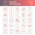 Plastic packaging, disposable tableware line icons. Product container, bottle, packet, canister, plates and cutlery