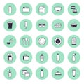 Plastic packaging, disposable tableware line icons. Product packs, container, bottle, canister, plates cutlery Royalty Free Stock Photo