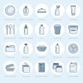 Plastic packaging, disposable tableware line icons. Product packs, container, bottle, packet, canister, plates and
