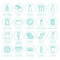 Plastic packaging, disposable tableware line icons. Product packs, container, bottle, packet, canister, plates and Royalty Free Stock Photo