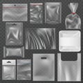 Plastic packaging. Transparent plastic packs, food containers and vacuum bags. Polythene wrap pouch, snack package Royalty Free Stock Photo