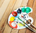 Plastic paint palette with paint and brushes