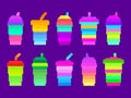 Plastic and paper cups in pixel art style. Pixel icons of paper glasses with carbonated soft drinks. 8-bit smoothie glass with Royalty Free Stock Photo