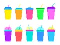 Plastic and paper cups in pixel art style isolated on a white background. Pixel icons of paper glasses with carbonated soft drinks Royalty Free Stock Photo