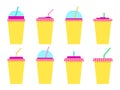 Plastic or paper cups with a straw set of icons isolated on a white background. Plastic cups for carbonated drinks. Plastic Royalty Free Stock Photo