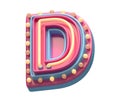 Plastic party font. Neon and lamp. Letter D
