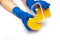 Plastic pellets . Colorant for polymers in granules. Hands in gloves takes plastic pellets