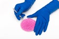 Plastic pellets . Colorant for polymers in granules. Plastic pellets in the hands with gloves and tweezers. Royalty Free Stock Photo