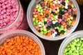 Plastic pellets. Dyes for plastic, polypropylene, polyethylene. Plastic granules in a measuring container and test tubes in the