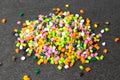 Plastic pellets. Dyes for plastic, polypropylene, polyethylene. Plastic granules on a stone background .Plastic pellets. Plastic