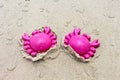 A plastic pink crab sand toy Royalty Free Stock Photo