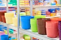 Plastic plant pots in store Royalty Free Stock Photo