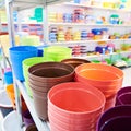 Plastic plant pots in store Royalty Free Stock Photo