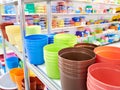 Plastic plant pots in store Royalty Free Stock Photo