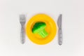 plastic plate with a knife and fork with broccoli on a white background