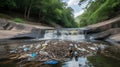 Plastic pollution chokes a river creating a dam of trash and debris Royalty Free Stock Photo