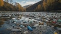 Plastic pollution chokes a river in a scenic natural landscape Royalty Free Stock Photo