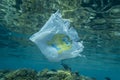 Plastic pollution, Close-up of white plastic bag with yellow smiley face slowly drifting underwater over coral reef