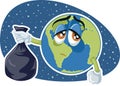 Planet Earth Holding Plastic Trash Bag Vector Cartoon Royalty Free Stock Photo
