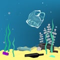 Plastic pollution illustration trash under the sea. Different kinds of garbage, bags, wastes, plastic botles, and