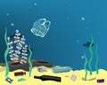 Plastic pollution illustration trash under the sea. Different kinds of garbage, bags, wastes, plastic botles, and