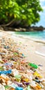 Plastic pollution littering tropical beach with scattered debris affecting ocean environment, AI Generative Royalty Free Stock Photo