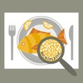 Plastic pollution, microplastic problem. Microplastic in the food. Ecological poster. Fried fish with micro plastic pieces on a Royalty Free Stock Photo