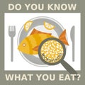 Plastic pollution, microplastic problem. Microplastic in the food. Ecological poster. Fried fish with micro plastic pieces and Royalty Free Stock Photo