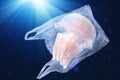 Plastic pollution in ocean environmental problem concept.  jellyfish swim inside plastic bag floating in the ocean. Royalty Free Stock Photo