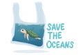 Plastic pollution in ocean environmental problem concept. poor turtle swim inside plastic bag with text save the oceans.