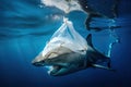 Plastic pollution in ocean environmental problem. Sharks can eat plastic bags or get trapped in them. Generative AI Royalty Free Stock Photo