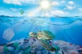 Plastic pollution in ocean environmental problem. Turtles can eat plastic bags mistaking them for jellyfish. dirty water concept Royalty Free Stock Photo